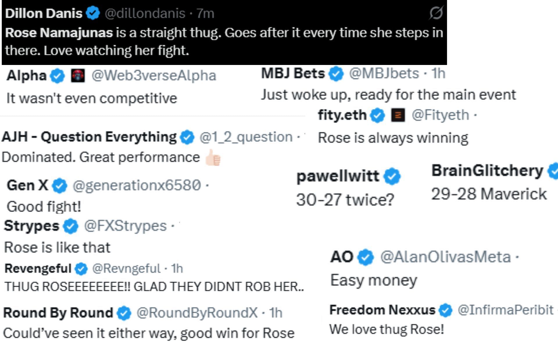 Screenshot of fan reactions to Rose Namajunas beating Miranda Maverick